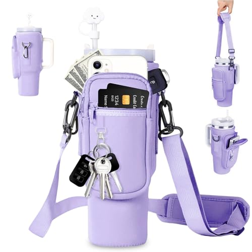 Cup Tasche - Wasserflaschenhalter Tasche für Stanley Cup 40oz, mit Verstellbarem Riemen und Handyfach, für für Reisen, Wandern, Laufen & Radfahre (Lila) von Wydexint