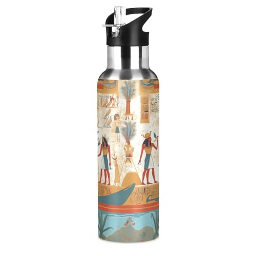 Ägypten Vintage Kulturheld Trinkflasche Wasserflasche mit Strohhalm für Sport, 600ML Thermosflasche BPA-frei Isolierflasche Edelstahl 18/8 für Kinder Wandern Schule von Wzzzsun