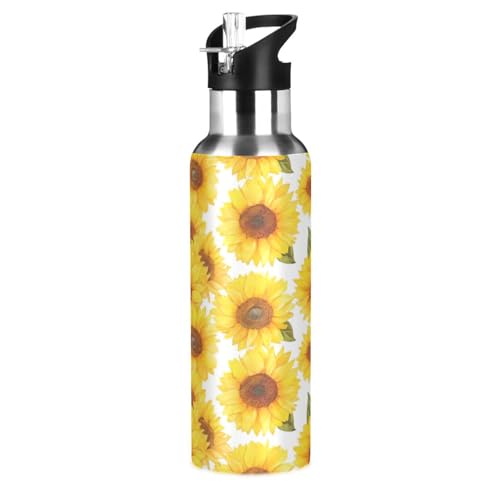 Gelbe Gänseblümchenblume Sonnenblume Trinkflasche Wasserflasche mit Strohhalm für Sport, 600ML Thermosflasche BPA-frei Isolierflasche Edelstahl 18/8 für Kinder Wandern Schule von Wzzzsun