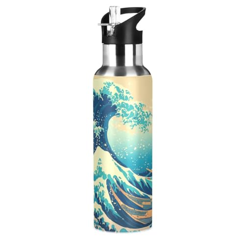 Große Blaue Welle Kanagawa Meer Trinkflasche Wasserflasche mit Strohhalm für Sport, 600ML Thermosflasche BPA-frei Isolierflasche Edelstahl 18/8 für Kinder Wandern Schule von Wzzzsun