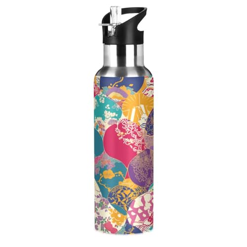 Kunst Japanische Fächerblüte Trinkflasche Wasserflasche mit Strohhalm für Sport, 600ML Thermosflasche BPA-frei Isolierflasche Edelstahl 18/8 für Kinder Wandern Schule von Wzzzsun