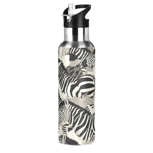 Kunst Schwarz Weißes Zebrapferd Trinkflasche Wasserflasche mit Strohhalm für Sport, 600ML Thermosflasche BPA-frei Isolierflasche Edelstahl 18/8 für Kinder Wandern Schule von Wzzzsun