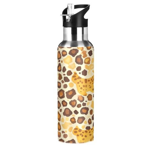 Leopardenmuster Mit Punktmuster Trinkflasche Wasserflasche mit Strohhalm für Sport, 600ML Thermosflasche BPA-frei Isolierflasche Edelstahl 18/8 für Kinder Wandern Schule von Wzzzsun