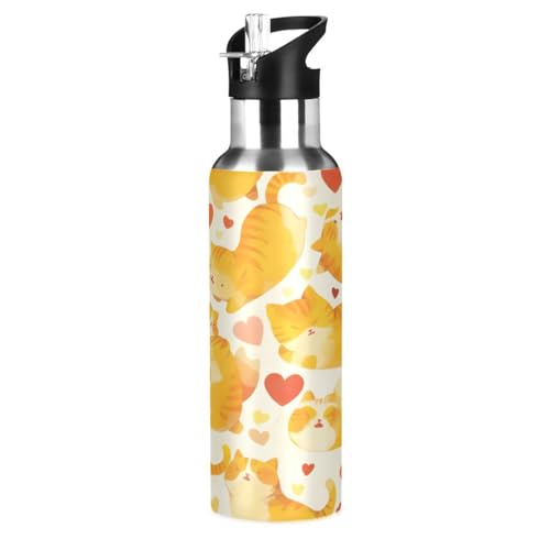 Liebesherz Fette Katze Gelb Trinkflasche Wasserflasche mit Strohhalm für Sport, 600ML Thermosflasche BPA-frei Isolierflasche Edelstahl 18/8 für Kinder Wandern Schule von Wzzzsun
