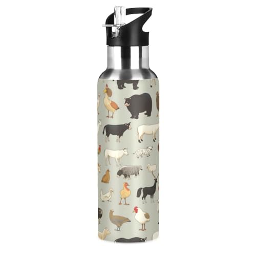 Nutztiere Kuh Hahn Enten Trinkflasche Wasserflasche mit Strohhalm für Sport, 600ML Thermosflasche BPA-frei Isolierflasche Edelstahl 18/8 für Kinder Wandern Schule von Wzzzsun