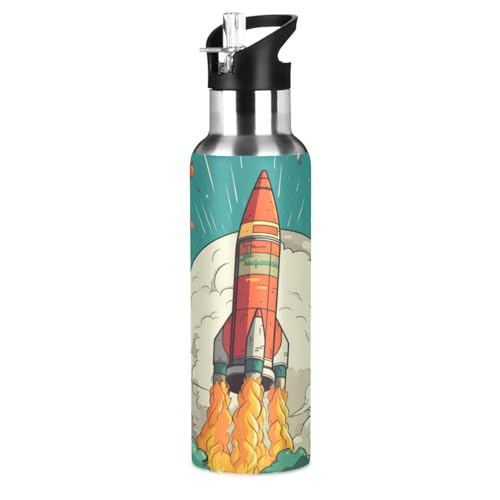Raketenflughimmel Trinkflasche Wasserflasche mit Strohhalm für Sport, 600ML Thermosflasche BPA-frei Isolierflasche Edelstahl 18/8 für Kinder Wandern Schule von Wzzzsun