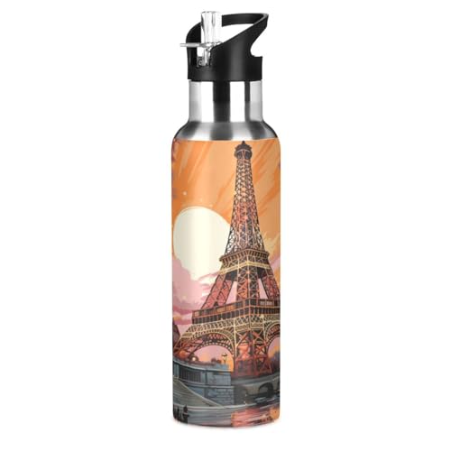 Romantischer Pariser Eiffelturm Trinkflasche Wasserflasche mit Strohhalm für Sport, 600ML Thermosflasche BPA-frei Isolierflasche Edelstahl 18/8 für Kinder Wandern Schule von Wzzzsun
