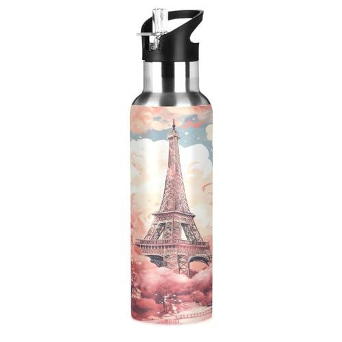 Rosa Pariser Eiffelturm Trinkflasche Wasserflasche mit Strohhalm für Sport, 600ML Thermosflasche BPA-frei Isolierflasche Edelstahl 18/8 für Kinder Wandern Schule von Wzzzsun