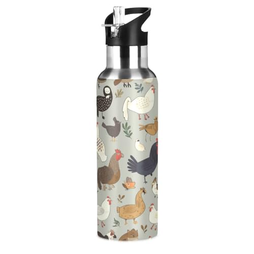 Süßer Lustiger Hahn Huhn Trinkflasche Wasserflasche mit Strohhalm für Sport, 600ML Thermosflasche BPA-frei Isolierflasche Edelstahl 18/8 für Kinder Wandern Schule von Wzzzsun