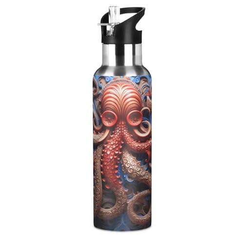 Süßer Tintenfisch Krake Fisch Trinkflasche Wasserflasche mit Strohhalm für Sport, 600ML Thermosflasche BPA-frei Isolierflasche Edelstahl 18/8 für Kinder Wandern Schule von Wzzzsun