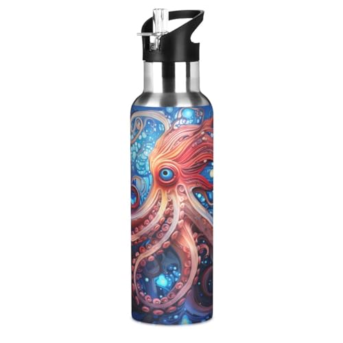 Universum Oktopusfisch Trinkflasche Wasserflasche mit Strohhalm für Sport, 600ML Thermosflasche BPA-frei Isolierflasche Edelstahl 18/8 für Kinder Wandern Schule von Wzzzsun