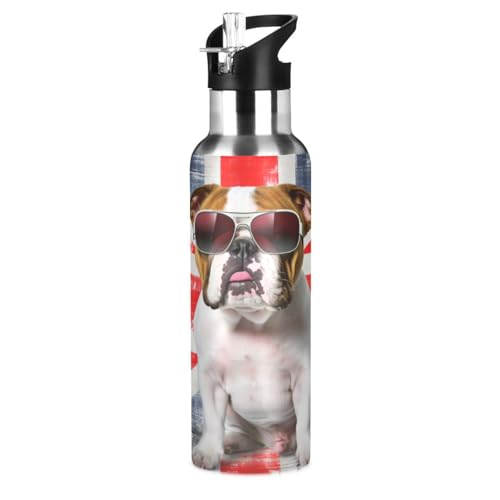 Welpe Hund Britische Flagge Trinkflasche Wasserflasche mit Strohhalm für Sport, 600ML Thermosflasche BPA-frei Isolierflasche Edelstahl 18/8 für Kinder Wandern Schule von Wzzzsun