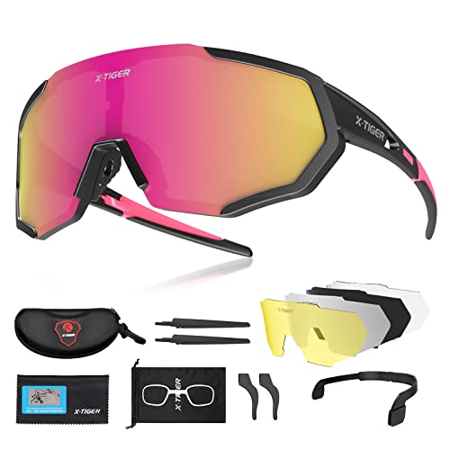 X-TIGER Radbrille Polarized Sonnenbrille Tr90 Superlight Frame mit 5 Wechselgläsern UV400-Schutz für Herren und Damen,zum Radfahren Skifahren Autofahren Fischen Laufen Wandern Sport von X-TIGER