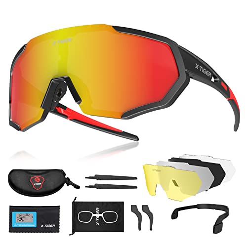 X-TIGER Radbrille Polarized Sonnenbrille Tr90 Superlight Frame mit 5 Wechselgläsern UV400-Schutz für Herren und Damen,zum Radfahren Skifahren Autofahren Fischen Laufen Wandern Sport von X-TIGER