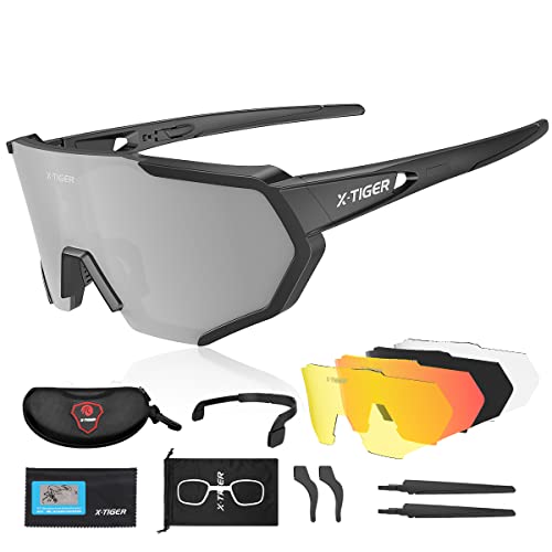 X-TIGER Fahrradbrille, Herren Damen Sportbrille, UV400 mit 5 Wechselgläser,Starker TR90 Frame, mit Montierbarem Brillenband & Ohrhaken, Outdoor-Sport/Radfahren/Laufen/Autofahren/Angeln/Golf von X-TIGER