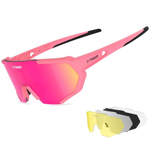 X-TIGER Fahrradbrille, Herren Damen Sportbrille, UV400 mit 5 Wechselgläser,Starker TR90 Frame, mit Montierbarem Brillenband & Ohrhaken, Outdoor-Sport/Radfahren/Laufen/Autofahren/Angeln/Golf von X-TIGER