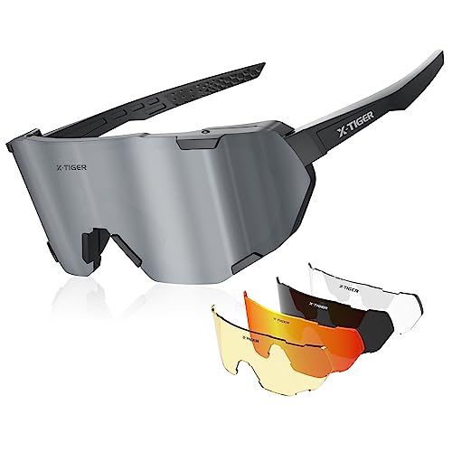 X-TIGER Fahrradbrille Herren Damen TR90 Rahmen Sportbrille, UV400 Polarisierte Sonnenbrille, 5 Wechselgläser Gläser geeignet für Radfahren, Laufen, Baseball, Outdoor-Sport von X-TIGER