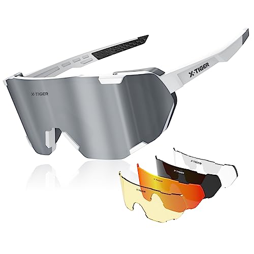 X-TIGER Fahrradbrille Herren Damen TR90 Rahmen Sportbrille, UV400 Polarisierte Sonnenbrille, 5 Wechselgläser Gläser geeignet für Radfahren, Laufen, Baseball, Outdoor-Sport von X-TIGER