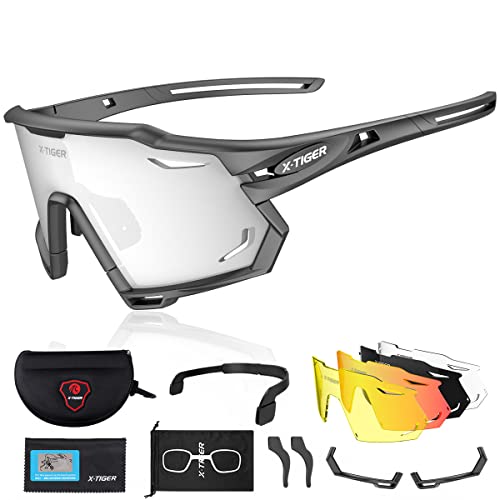 X-TIGER Fahrradbrille Polarisiert Sonnenbrille mit 5 wechselgläser TR90 Rahmen für Herren Damen Sport Radfahren MTB Radbrille UV400 Skifahren Fahren Angeln Baseball Laufen Sportbrille von X-TIGER