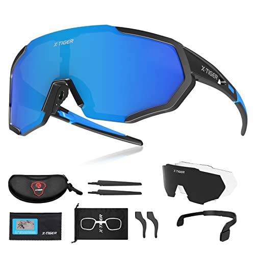 X-TIGER Radbrille Polarized Sonnenbrille Tr90 Superlight Frame mit 3 oder 5 Wechselgläsern UV400-Schutz für Herren und Damen,zum Radfahren Skifahren Autofahren Fischen Laufen Wandern Sport von X-TIGER