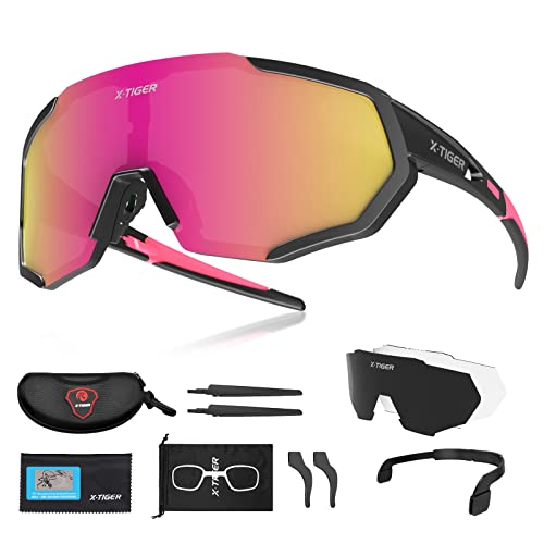 X-TIGER Radbrille Polarized Sonnenbrille Tr90 Superlight Frame mit 3 oder 5 Wechselgläsern UV400-Schutz für Herren und Damen,zum Radfahren Skifahren Autofahren Fischen Laufen Wandern Sport (Jpc05-3) von X-TIGER