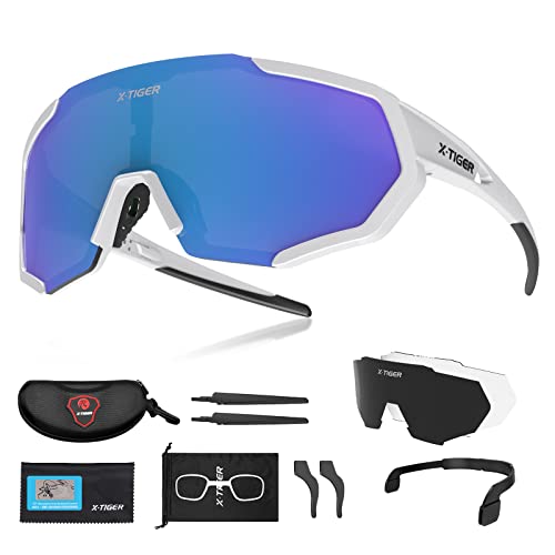 X-TIGER Radbrille Polarized Sonnenbrille Tr90 Superlight Frame mit 3 oder 5 Wechselgläsern UV400-Schutz für Herren und Damen,zum Radfahren Skifahren Autofahren Fischen Laufen Wandern Sport von X-TIGER