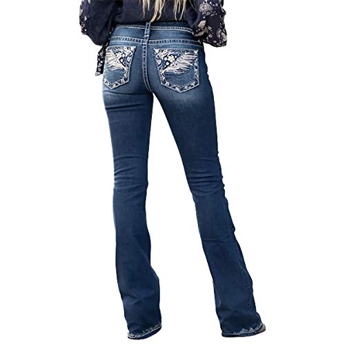 X-xyA Frauen Jeans Feder Blume Stickerei Mid Rise Dehnbare Bootcut Slim Wide Beinhose,Blau,S von X-xyA