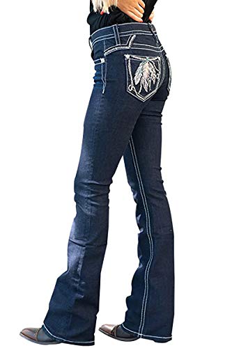 X-xyA Frauen Jeans Hochhaus Feder Stickerei Dehnbare Bootcut Slim Wide Bein Denim Hosen,Blau,4XL von X-xyA