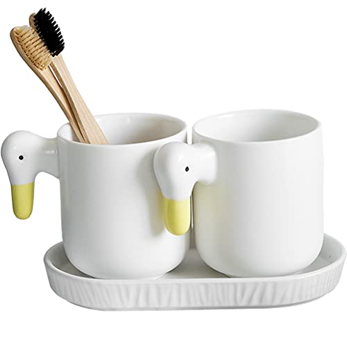 XANAYXWJ 2PCS Kreative Ente ToothbrusCup Zahnpasta Halter witTray Weiß Keramik Badezimmer Tassen Wasser Tasse Ente Geschenk Halter von XANAYXWJ