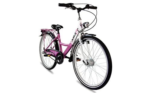 XB3 24 Zoll Mädchen-Kinder-Fahrrad Shimano Nabendynamo, 3 Gang Nabenschaltung, Rücktrittbremse, City-Damen-Bike, StVO, LED-Licht pink von XB3