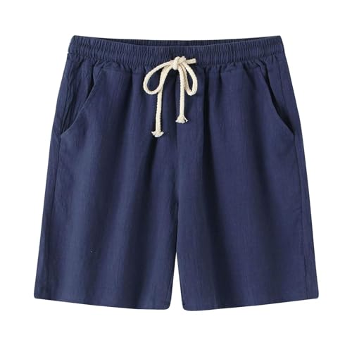 XBAKING Kurze Hosen Herren Männer Baumwolle Leinen Shorts Bequeme Sommer Kurze Einfarbige Kordelzug Streetwear-blau-XXL von XBAKING