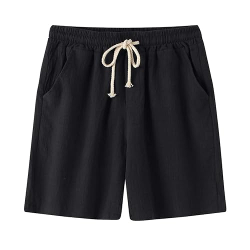 XBAKING Kurze Hosen Herren Männer Baumwolle Leinen Shorts Bequeme Sommer Kurze Einfarbige Kordelzug Streetwear-schwarz-m von XBAKING