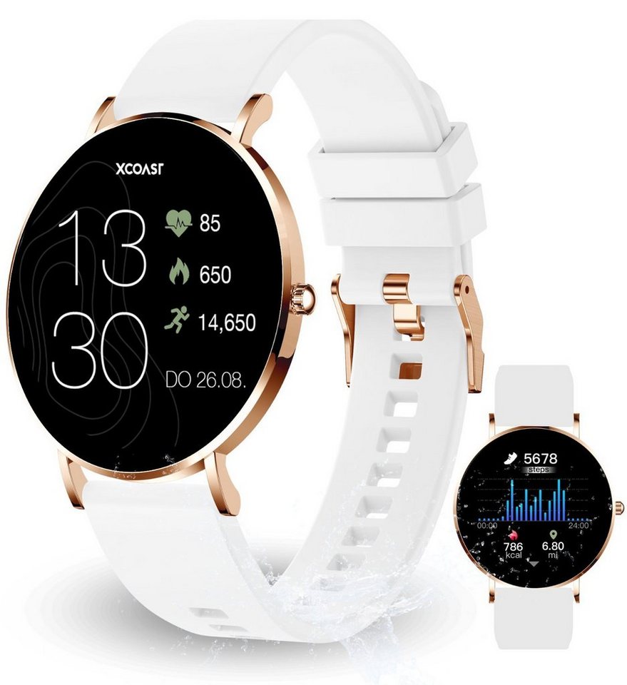 XCOAST SIONA 2 Damen Smartwatch (4,2 cm/1,3 Zoll, iOS und Android) Polar White, Fitness Tracker, 3-tlg., neueste Generation, Blutsauerstoffmesser, Wasserdicht, Ultra flach, Puls, Blutdruck, brillante Farben, AMOLED von XCOAST