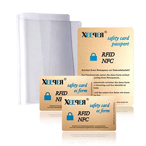 1. RFID/NFC Blocker Karten Set - für den perfekten Schutz All Ihrer Karten und den ePass Plus eine extra Starke glasklare original Reisepass Schutzhülle - Keine zusätzlichen Störsender am Körper von XEEPER