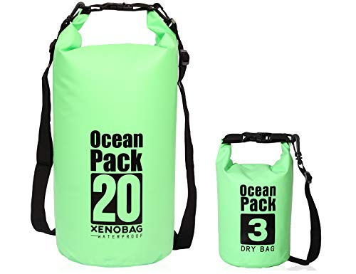 XENOBAG Wasserfeste Tasche 3 Liter/Dry Bag, klein/Ocean Pack 3l / wasserdichter Beutel/Drybag mit verstellbarem Schultergurt und Sicherheitsverschluss (Grün, 3 Liter) von XENOBAG