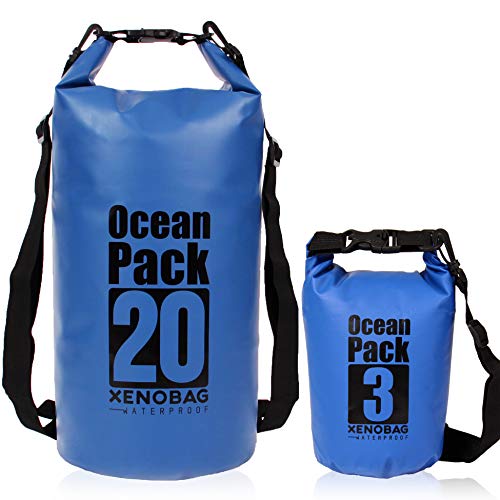 XENOBAG Wasserfeste Tasche 3 Liter o. 20 Liter/Dry Bag, klein/Ocean Pack 3l o. 20l/wasserdichter Beutel/Drybag mit verstellbaren Schultergurten u. Sicherheitsverschluss (Dunkelblau, 3 Liter) von XENOBAG