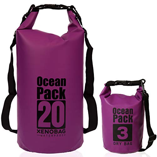 XENOBAG Wasserfeste Tasche 3 Liter o. 20 Liter/Dry Bag/Ocean Pack 3l o. 20l / wasserdichter Beutel/Drybag mit verstellbaren Schultergurten und Sicherheitsverschluss (Lila, 20 Liter) von XENOBAG