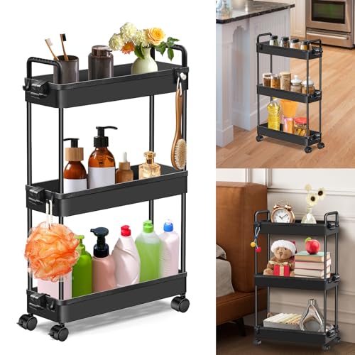 3-tieriger schlanker Lager Trolley Cart Beauty Trolley auf Rädern Metal Mobile Rolling Trolley mit Griff Haken ausrutschen Utility Cart Multipurpose Speicherwagen für Badezimmer Wäscherei Büro von XFZJCHAP