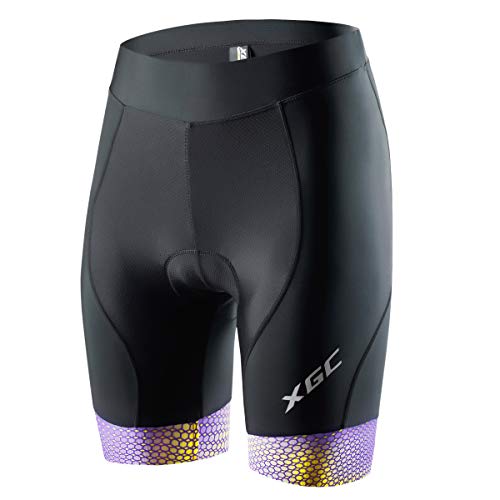 XGC Damen Kurze Radlerhose und Radunterhose Radsportshorts Fahrradhose für Frauen elastische 3D Schwamm Sitzpolster mit Einer hohen Dichte (Purple_Yellow, M) von XGC