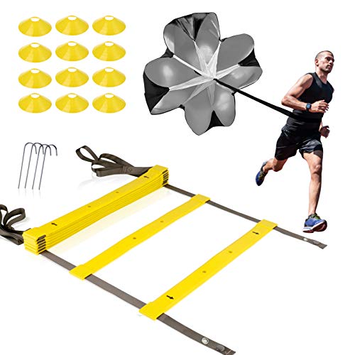 XGEAR Trainingsleiter 4M Widerstandsschirm Max.15KG Koordinationsleiter Rhythmusleiter Übungsleiter Sprintschirm Laufschirm 12x Halbkonus Marker Gelb/Hellgrau von XGEAR