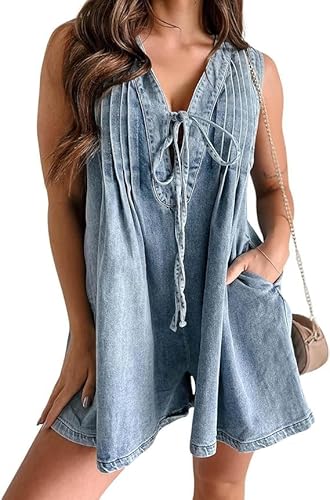 XGWDP Womens Casual Sleeveless Tie Front Denim Romper Overall Shorts Summer Jean Romper with Pocket (01,X-Large) von XGWDP