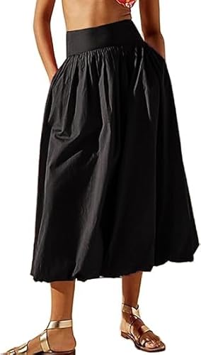 XGWDP Y2k Women Bubble Maxi Skirt Elastic Smocked Waist Casual Pleated Long Skirts Ruffle Balloon Midi Skirt Streetwear (03,S) von XGWDP