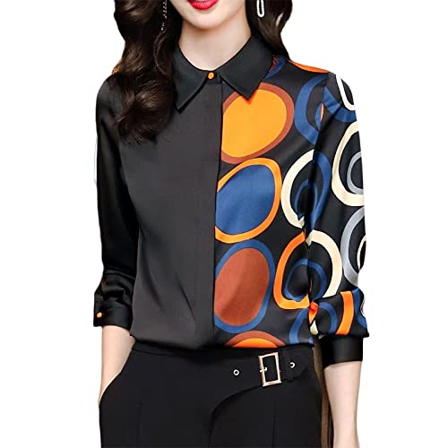 XIANRENGE Damen Bluse Satin Polka Dot Bedruckte Hemden Tunika Tops, Frühling Herbst Büro Dame Elegante Vintage Bluse Mode Büro Allgleiches Hemden,Schwarz,L von XIANRENGE