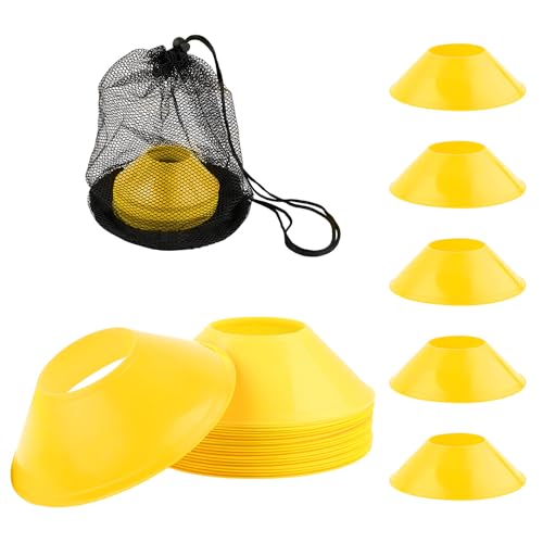 XIHIRCD 25 STK Fußball Kegel für Sporttraining, Mini Sportkegel mit Netztasche Flexibel Agility Kegel Prämie Trainingskegel für Basketball Fußball Laufen Übungen Sportspiele Kinder-Skaten (Gelb) von XIHIRCD