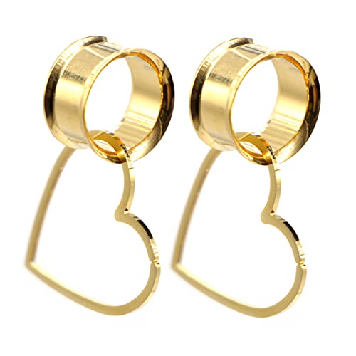 XINHE 1 Paar 6-25mm Piercing Ohr Tunnel Set Edelstahl Superdünn Herzförmig Double Flared Tunnel Plug Punk Unisex,Gold,10mm(00g) von XINHE