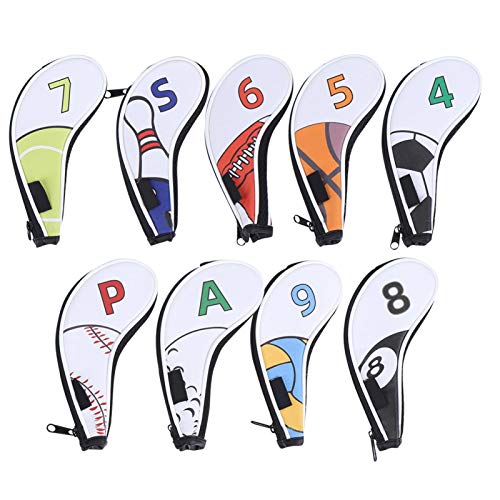 Golf Club Eisenabdeckung, 9 Stück Golf Eisen Kopfhüllen Hülse Digitaler Reißverschluss Sportmuster Schutz PU Wasserdicht von XINMYD
