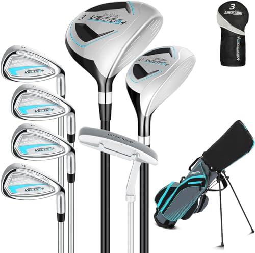 XKISS Komplettes Damen Golfschläger Set,8 Teilige Golf Set Linkshänder,Inklusive Stand Bag mit Regenhaube,3# Fairway Wood mit Head Covers, 5# Hybrid, 5#, 7#, 9# S# Eisen und Putter von XKISS