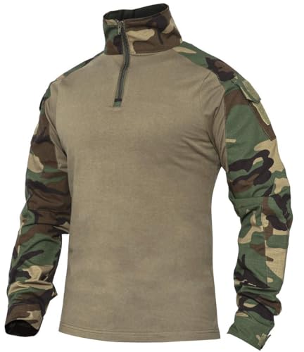 XKTTAC Combat Shirt mit 2-4 Taschen Herren Militär Ausrüstung Security Kleidung Outdoor Polizei Hemd Bundeswehr Pullover Paintball Airsoft Multicam Flecktarn Tactical（b-Woodland/2 Taschen,L） von XKTTAC