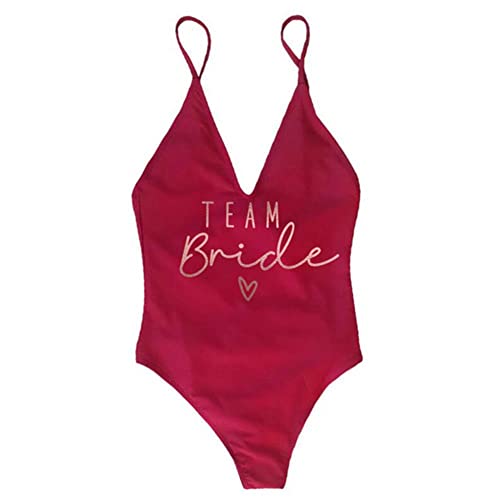 XKUN Bikini Damen Gepolsterte Badeanzug Weiblicher Einteiliger Badeanzug Frauen Bachelorette Party Strandwege-Team Bride Dark Red,M von XKUN