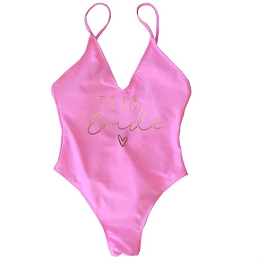 XKUN Bikini Damen Gepolsterte Badeanzug Weiblicher Einteiliger Badeanzug Frauen Bachelorette Party Strandwege-Team Bride Pink,M von XKUN